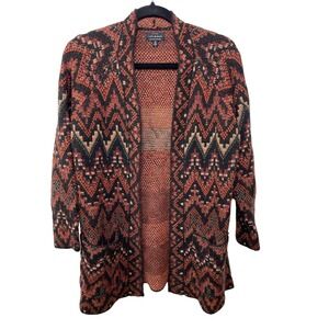 Lucky Brand Cardigan Sweater Open Front Southwest Aztec Knit Orange Black Forest